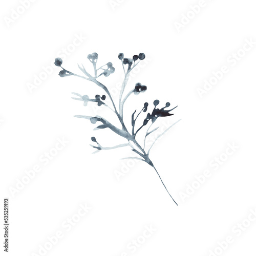 Blue flowers leave winter nature watercolor illustration on white background.