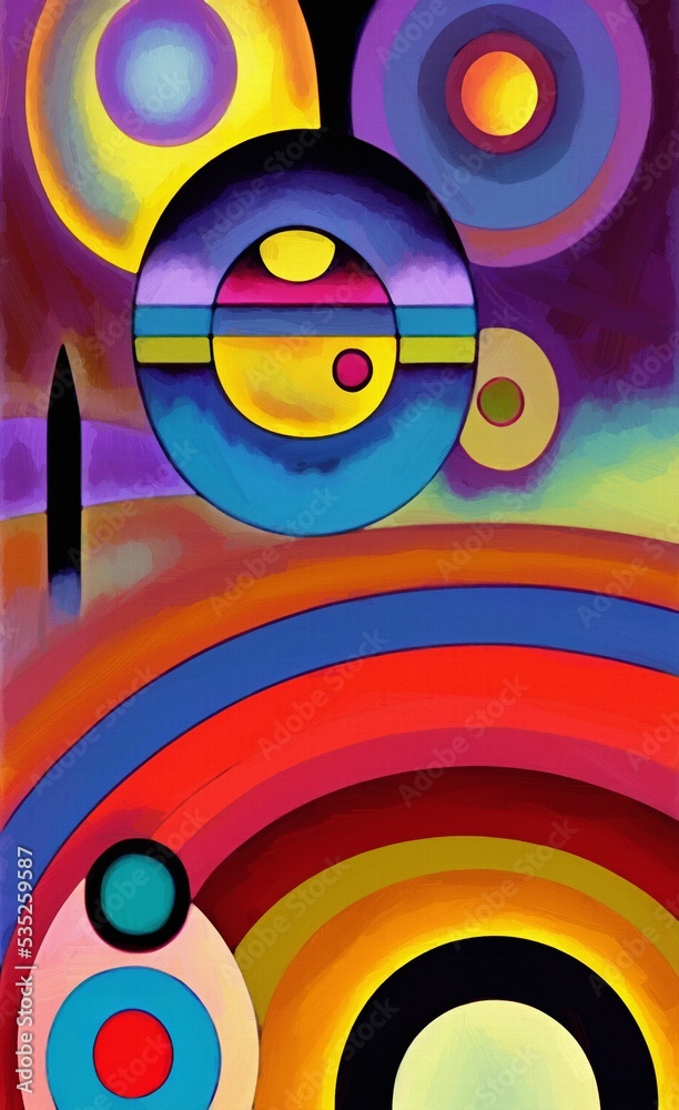 Circle in circles digiatl abstract wall art print, painting in abstractionism modern cubism and expressionism mixed style. Vibrant artwork background pattern for creaive design creation.