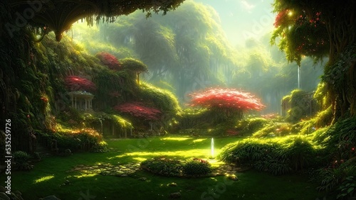 Garden of Eden  exotic fairytale fantasy forest  Green oasis. Unreal fantasy landscape with trees and flowers. Sunlight  shadows  creepers and an arch. 3D illustration.