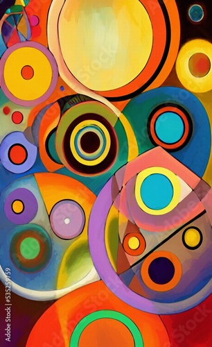 Circle in circles digiatl abstract wall art print, painting in abstractionism modern cubism and expressionism mixed style. Vibrant artwork background pattern for creaive design creation.