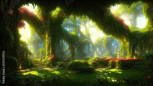 Garden of Eden  exotic fairytale fantasy forest  Green oasis. Unreal fantasy landscape with trees and flowers. Sunlight  shadows  creepers and an arch. 3D illustration.