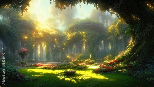 Photo Garden of Eden, exotic fairytale fantasy forest, Green oasis
