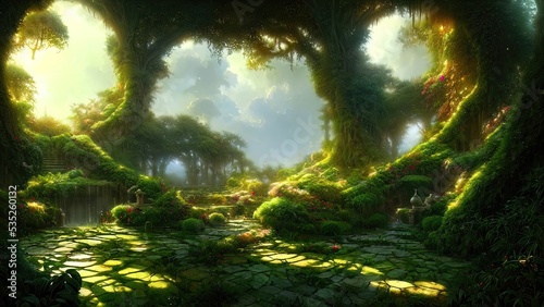 Garden of Eden, exotic fairytale fantasy forest, Green oasis. Unreal fantasy landscape with trees and flowers. Sunlight, shadows, creepers and an arch. 3D illustration. © MiaStendal