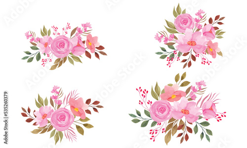Watercolor pink floral bouquets set