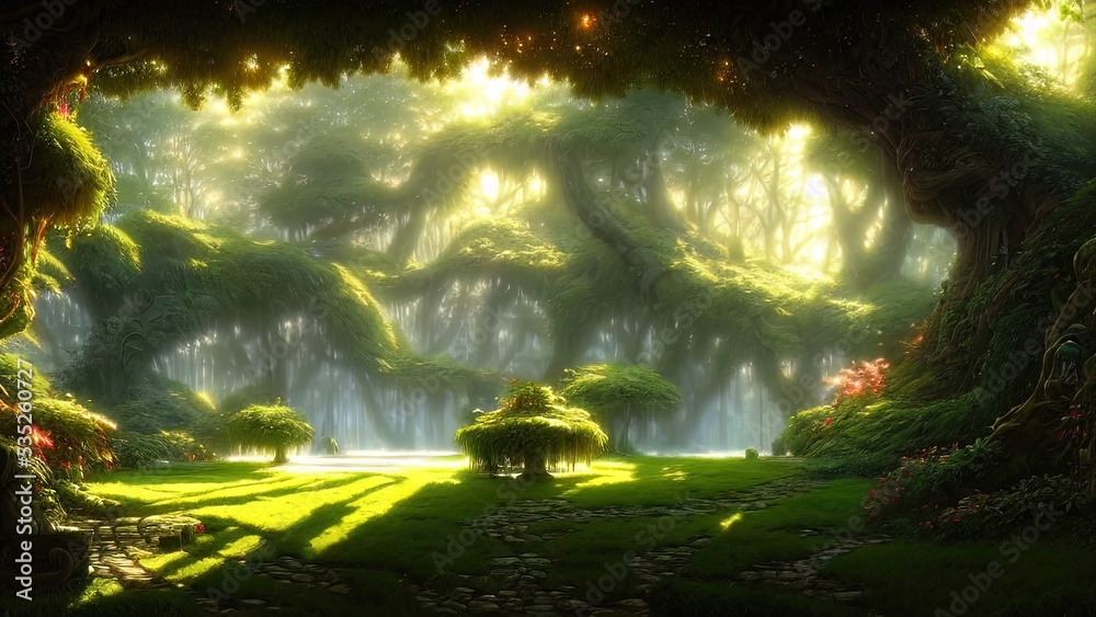 Fototapeta premium Garden of Eden, exotic fairytale fantasy forest, Green oasis. Unreal fantasy landscape with trees and flowers. Sunlight, shadows, creepers and an arch. 3D illustration.