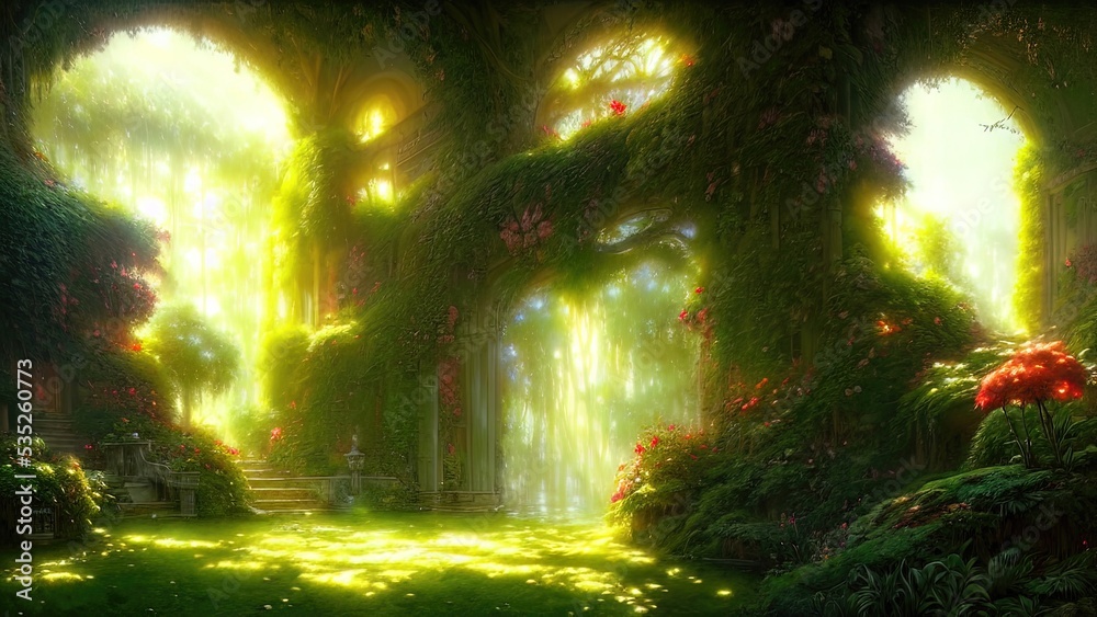 Naklejka premium Garden of Eden, exotic fairytale fantasy forest, Green oasis. Unreal fantasy landscape with trees and flowers. Sunlight, shadows, creepers and an arch. 3D illustration.