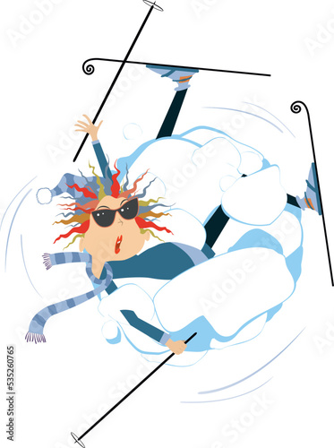 Illustration of cartoon skier and a big snowdrift. 
A falling skier woman rolls inside a large snowdrift. Isolated on white background

