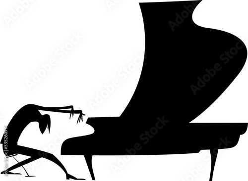 Pianist stylized illustration. 
Musician playing piano with inspiration. Black silhouette on white background
