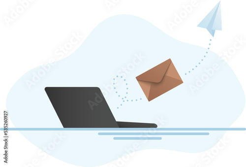 Email marketing vector illustration concept. Closed envelope and paper plane flying from the laptop.