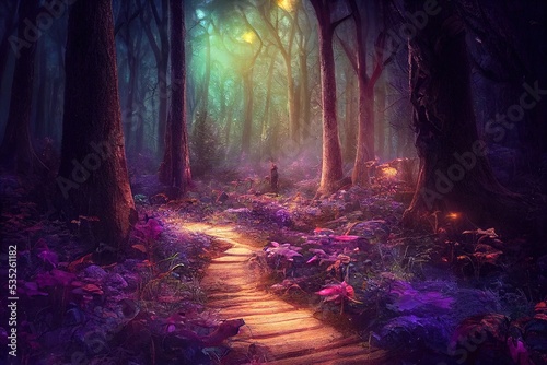Fototapet Fantasy magical path through enchanted forest trees