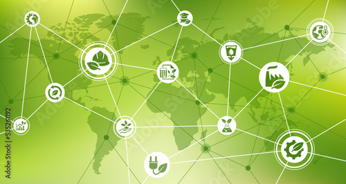 Environmental engineering vector illustration. Green concept on international eco-friendly technology / environmentalism, worldwide eco conservation, global sustainability, eco-friendly technology.