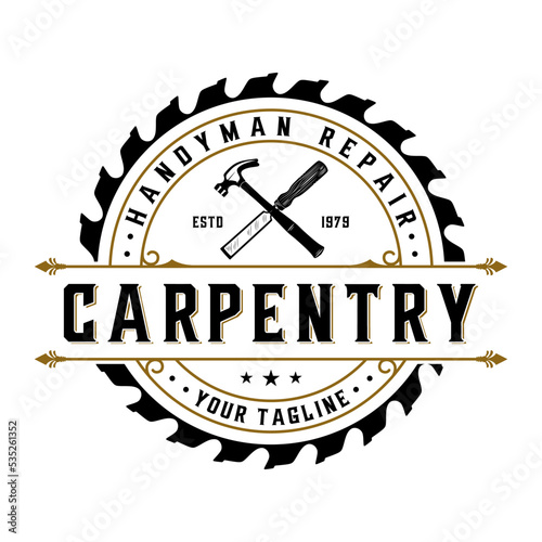 woodworking vintage logo. Hammer, antique chisel and saw icon for woodworking, carpentry, furniture design