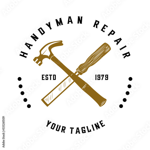 woodworking logo. chisels and hammers with ornaments, carpenter's symbols, for carpentry or furniture