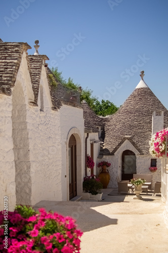 houses with cone roof, white walls with lime and stone on the roof, flower pots and plants, clear skies, harmony and simplicity