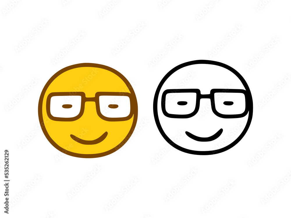 Emoticon with glasses in doodle style isolated on white background