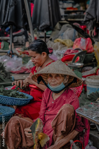 Portrait of Vietnamese woman. Elderly woman selling in the traditional market. Seller. travel to asia