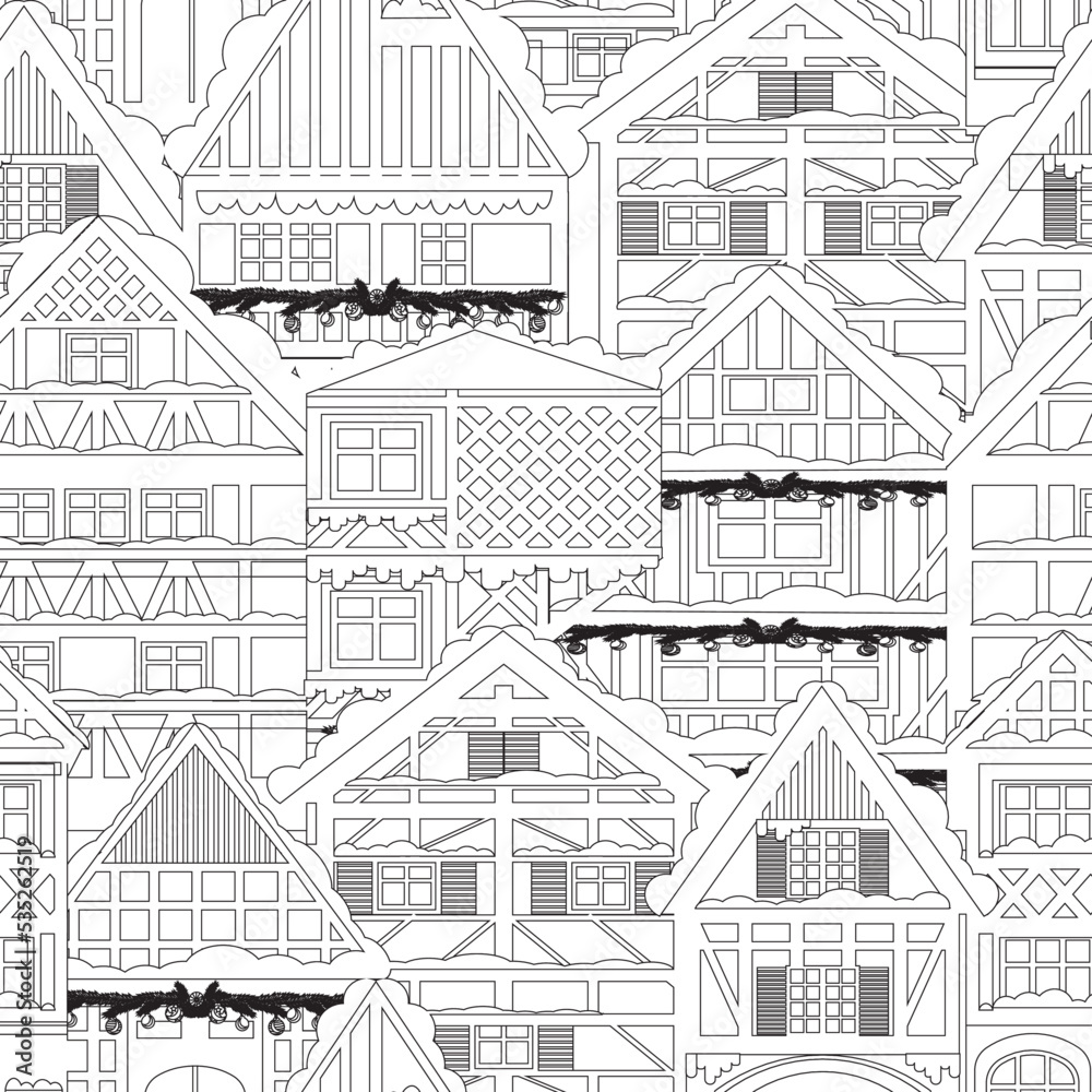 Seamless pattern with German houses in half-timbered style. Background with winter old houses in the snow contour illustration in linear style for children's coloring for Christmas and New Year