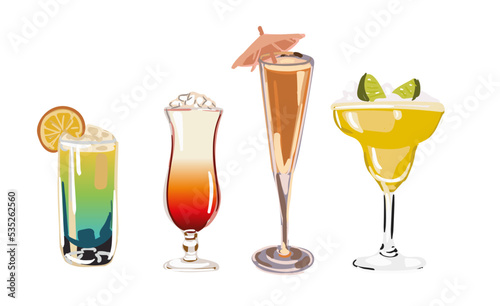 Cocktails Set isolated. Summer classic drinks in glasses.