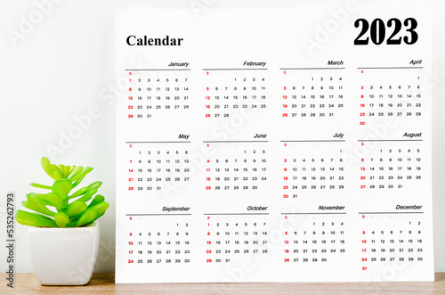 The 12 months desk calendar 2023 on wooden background with plant pot.