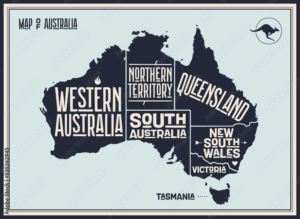 Map Australia. Poster map of Australia. Print of Australia, administrative map with states, regions. Hand-drawn graphic map with states for t-shirt, flag. Vector Illustration