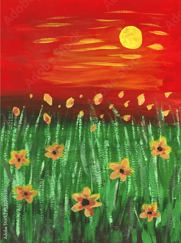 sunset clearing flowers sun grass still life watercolor acrylic