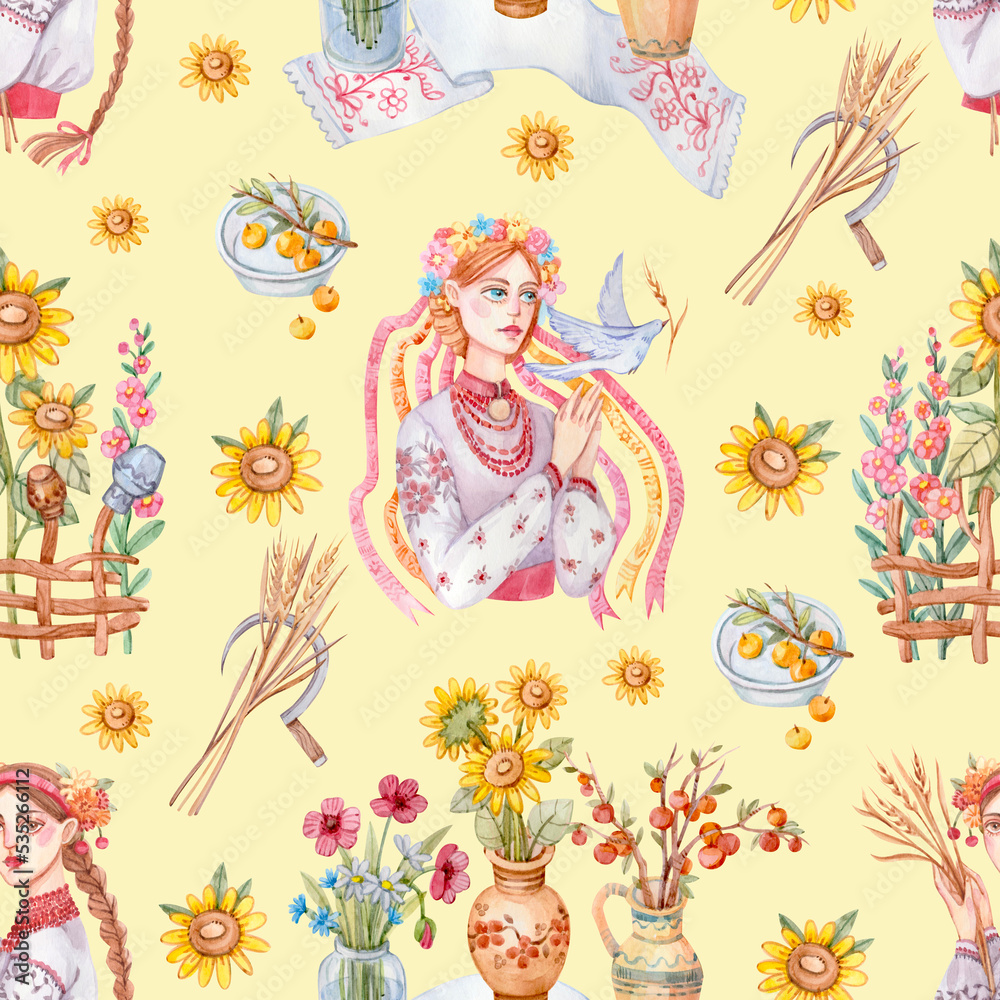 Seamless pattern with Ukrainian girls, flowers in jugs, sunflowers, towel. Ukrainian women in traditional embroidered shirts and wreaths painted in watercolor.