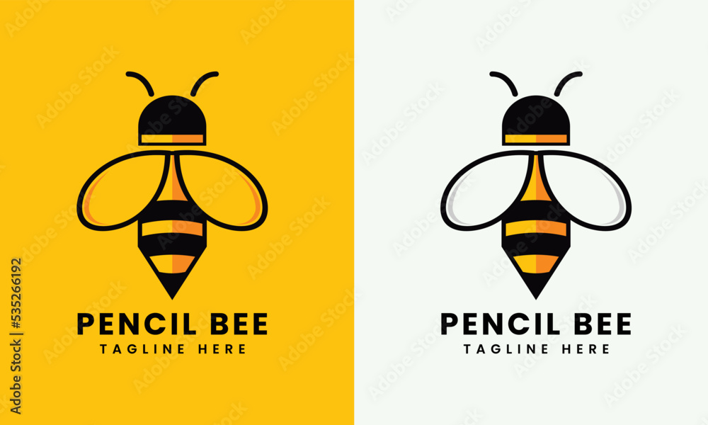 Creative template logo pencil with bee icon - obrazy, fototapety, plakaty 