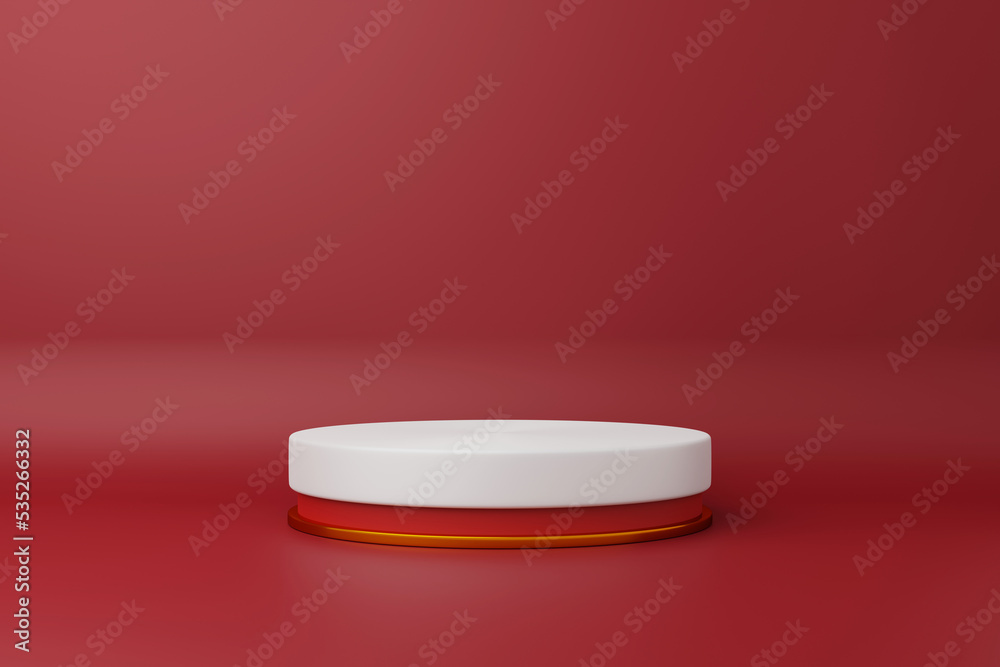 3D Rendering Abstract background with realistic basic geometry cylinder pedestal podium. Minimal scene for product display presentation and exhibition mockup. Red scheme for Christmas decoration 3D Rendering Abstract background with realistic basic geometry cylinder pedestal podium. Minimal scene for product display presentation and exhibition mockup. Red scheme for Christmas decoration