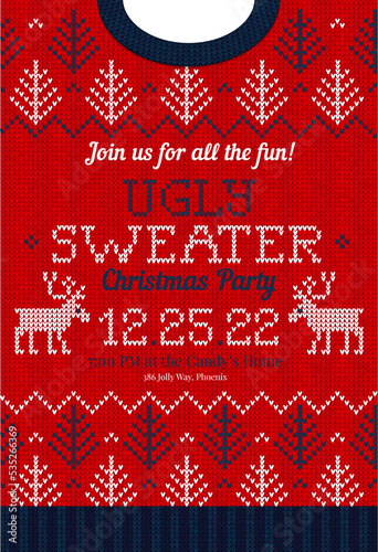 Ugly sweater Christmas party invite. Knitted background pattern scandinavian knitting ornaments.