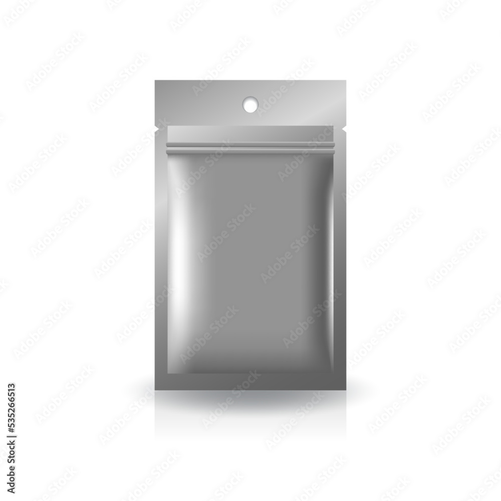 Silver gray foil, plastic, paper flat zip bag with round hang hole for food, healthy, beauty product. Isolated on white background. Ready to use for package design. Realistic vector illustration. Silver gray foil, plastic, paper flat zip bag with round hang hole for food, healthy, beauty product. Isolated on white background. Ready to use for package design. Realistic vector illustration.