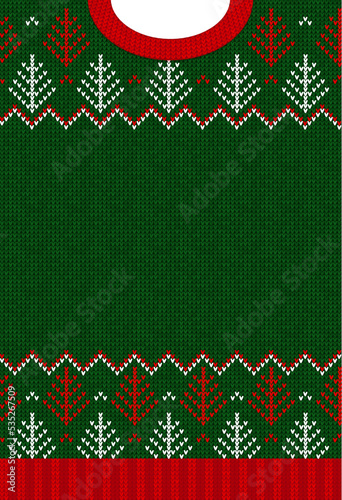 Ugly sweater Christmas party invite. Knitted background pattern scandinavian knitting ornaments.