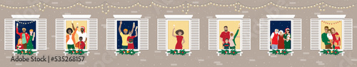 2023 Merry safe home Christmas celebrating during pandemic concept, vector banner. Happy cheerful diverse families, parents, kids, seniors, couples at apartments windows, fir tree branches, Chapmagne