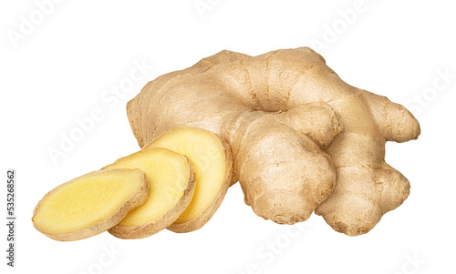 Tela Ginger root isolated. One whole and cut slices of ginger root