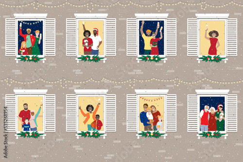2023 Merry safe home Christmas celebrating during pandemic concept, vector banner. Happy cheerful diverse families, parents, kids, seniors, couples at apartments windows, fir tree branches, Chapmagne