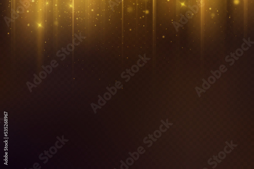 Gold horizontal lens flares pack. Laser beams, horizontal light rays. Glow transparent vector light effect set, explosion, shine, spark, solar flare.