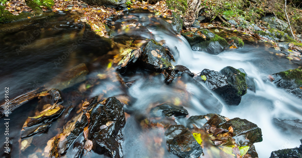 Mossy rocks in stream with smooth flowing water Mossy rocks in stream with smooth flowing water