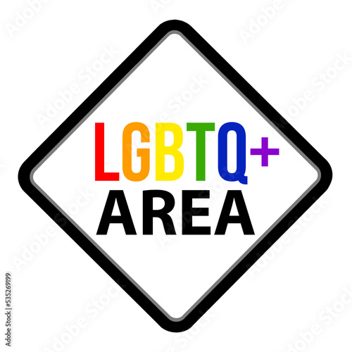 ÁREA LGBTQ+. Diseño sobre una señal de advertencia de carretera de EE.UU., señal de tráfico con mensaje inclusivo.