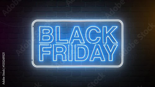 Black friday neon sign against brick wall. Flickering
