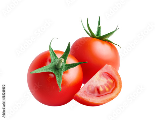 Foto Tomatoes isolated. Two whole and half piece of cherry tomato