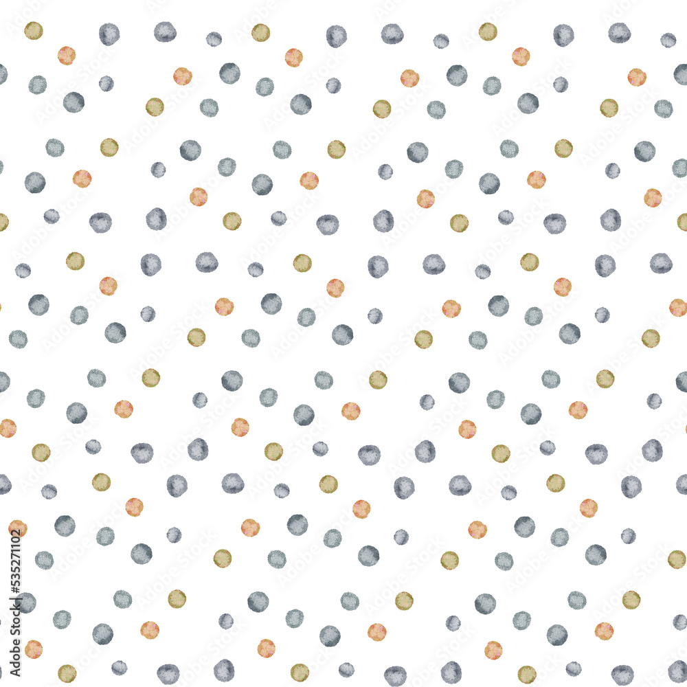 Watercolor round spots, uneven tiny polka dots seamless vector pattern. Natural, dim colors circle shape brush strokes, paint stains, watercolour smears background. Hand drawn colorful dot texture.