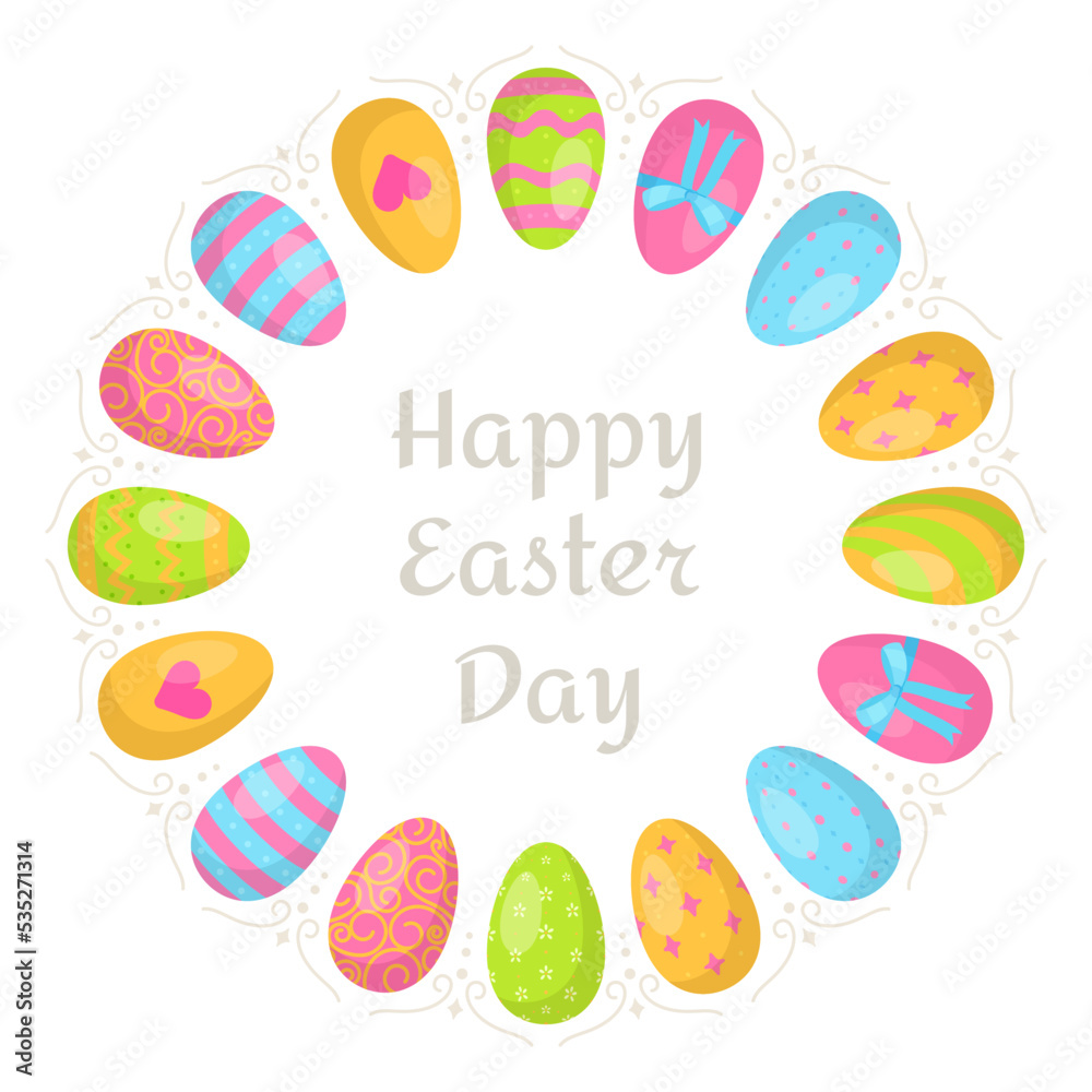 Circle of Easter Eggs. Vector illustration of a drawing for the holiday for the faithful. Collecting a basket to the church for consecration. Circle of Easter Eggs. Vector illustration of a drawing for the holiday for the faithful. Collecting a basket to the church for consecration.