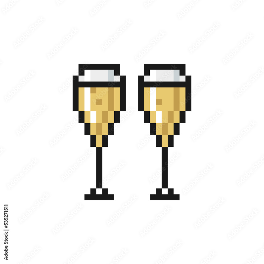 Glasses of champagne icon in pixel art design isolated on white background, Christmas and New Year vector sign symbol. Glasses of champagne icon in pixel art design isolated on white background, Christmas and New Year vector sign symbol.