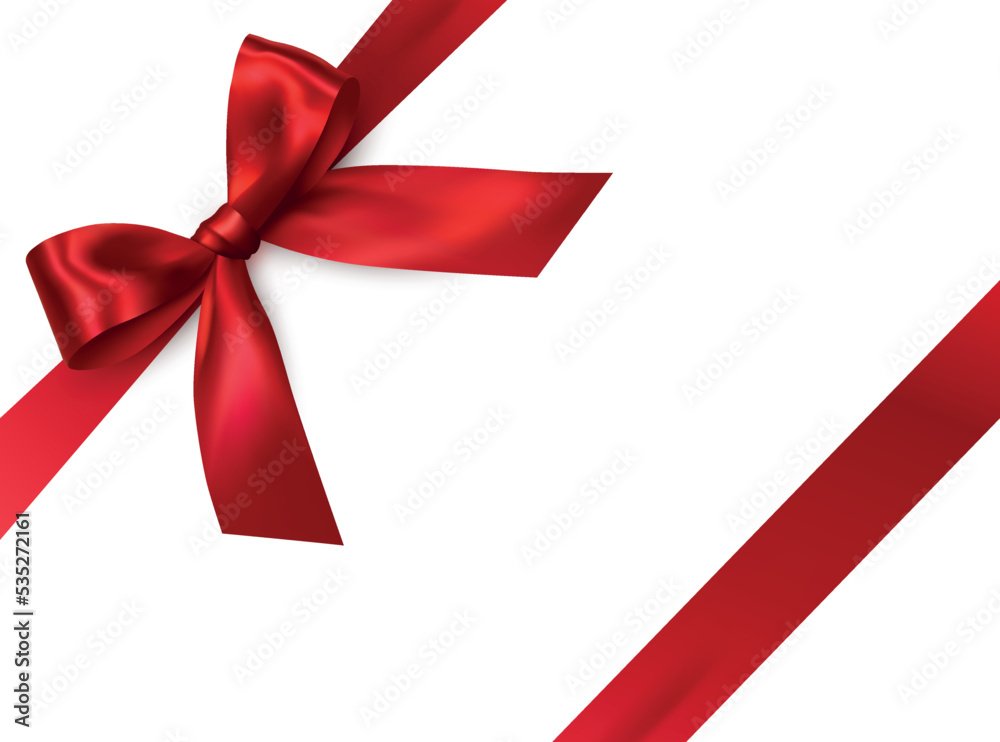 Vector bright red shiny ribbon with decorative bow on white background - invitation, gift wrapping or card design Vector bright red shiny ribbon with decorative bow on white background - invitation, gift wrapping or card design