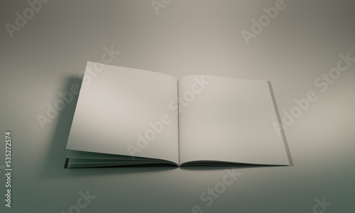 Opened square format book, brochure, White spread with light effect, template, 3D render