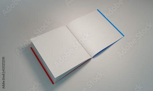 Opened square format book, brochure, White spread with light effect, template, 3D render