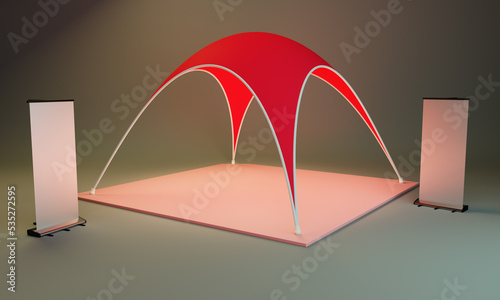 Tent advertising stage, Event display stand with arced roof, 3D render