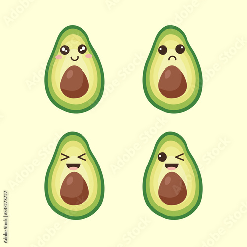 Green avokado with kawaii eyes. Flat design vector illustration of green avokado.