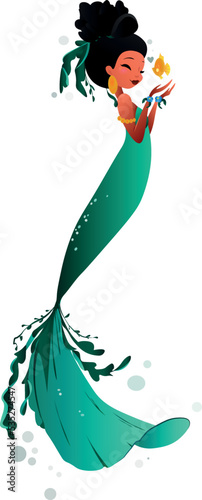 The pensive mermaid receives an air kiss from a fish