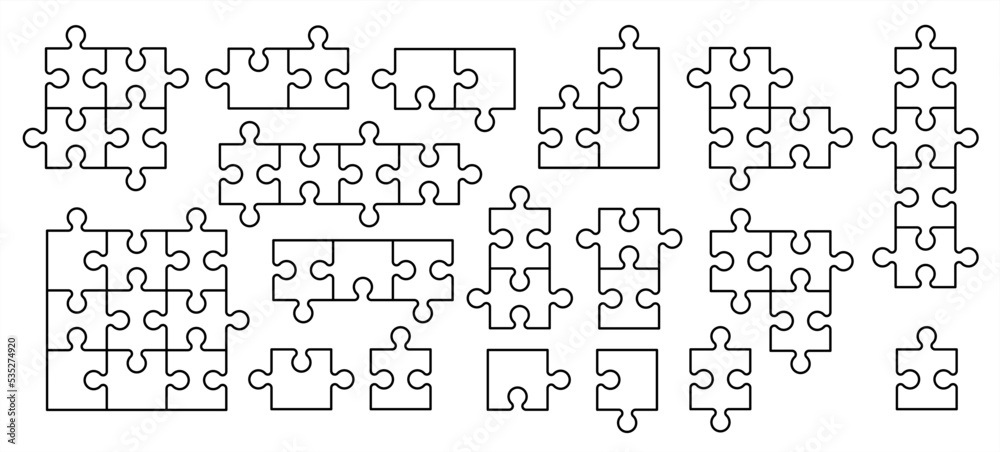 jigsaw puzzle pieces connection line pattern. Puzzle pieces icon or pictogram. Cartoon vector outline. Autism awareness logo or symbol. Dubbele platte puzzels. Teamwork concept. Mosic sign. Game print