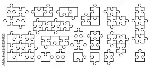 jigsaw puzzle pieces connection line pattern. Puzzle pieces icon or pictogram. Cartoon vector outline. Autism awareness logo or symbol. Dubbele platte puzzels. Teamwork concept. Mosic sign. Game print